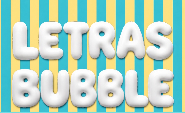 Letras bubble blancas que dicen LETRAS BUBBLE sobre fondo de rayas turquesa y amarillo
